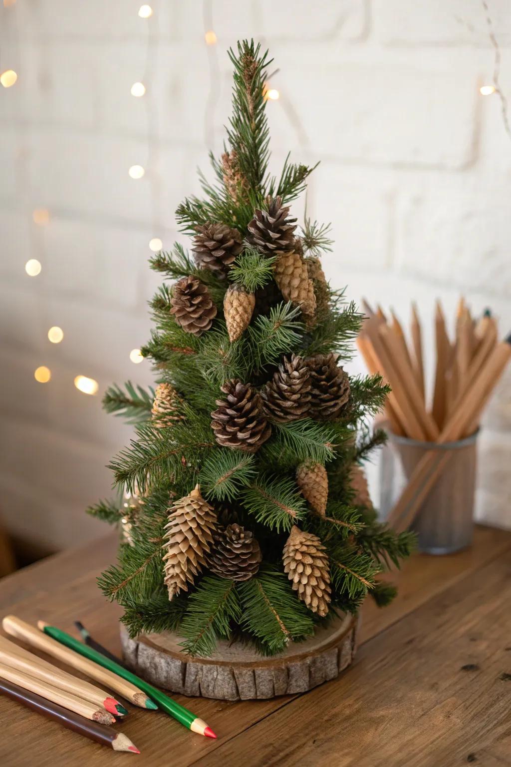 Nature-themed narrow Christmas tree with cone-shaped fruits and limbs.