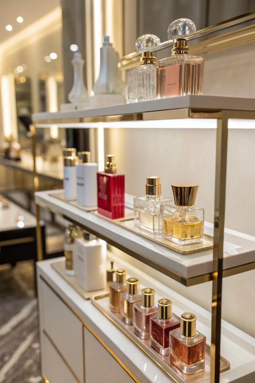 Staged ledges create an orderly and visually pleasing presentation.