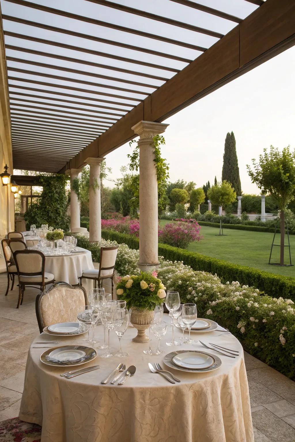 A refined dining area makes for memorable meals beneath the stars.