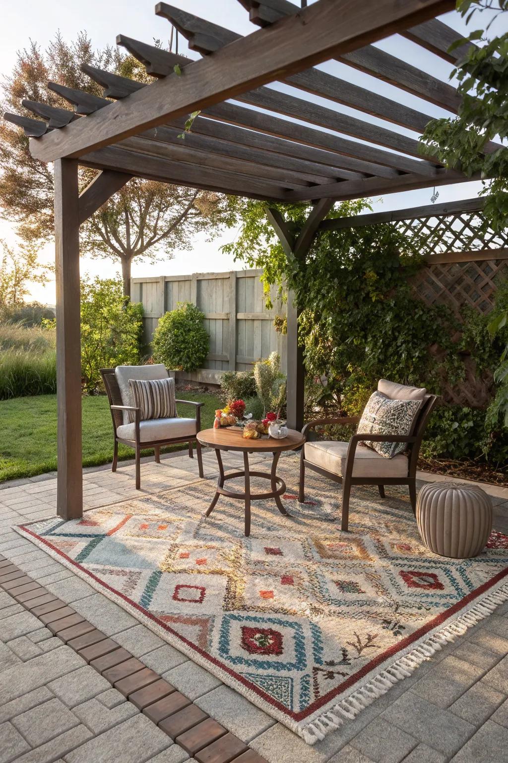 Outdoor floor coverings bring style and comfort, defining your pergola’s living space.