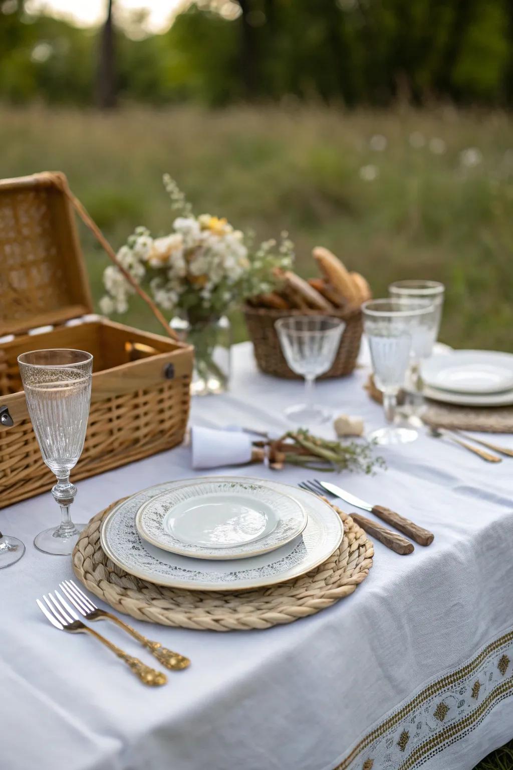 Chic tableware layouts contribute a touch of elegance to this picnic showcase.