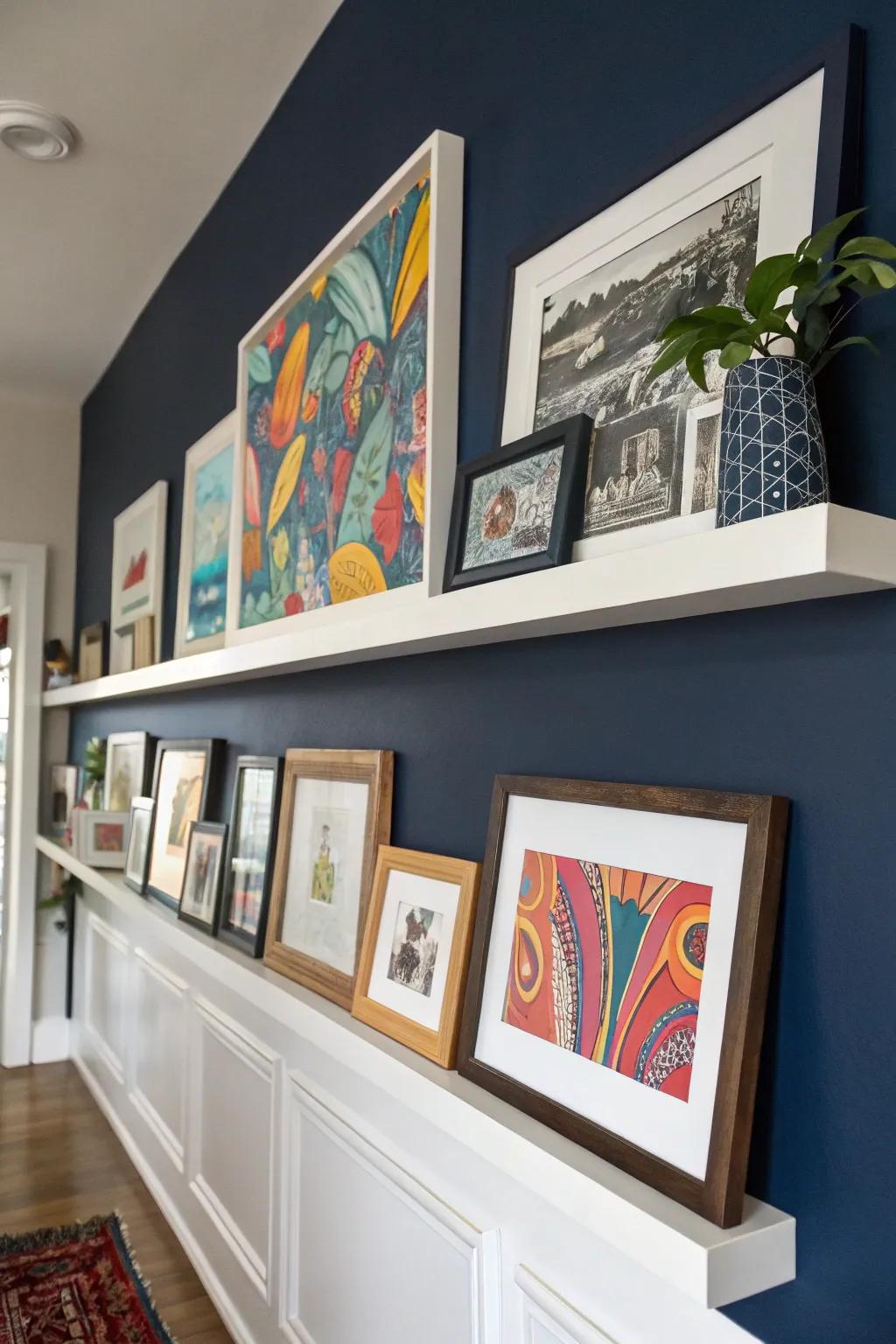 A striking accent wall allows artwork on a display ledge to truly stand out.