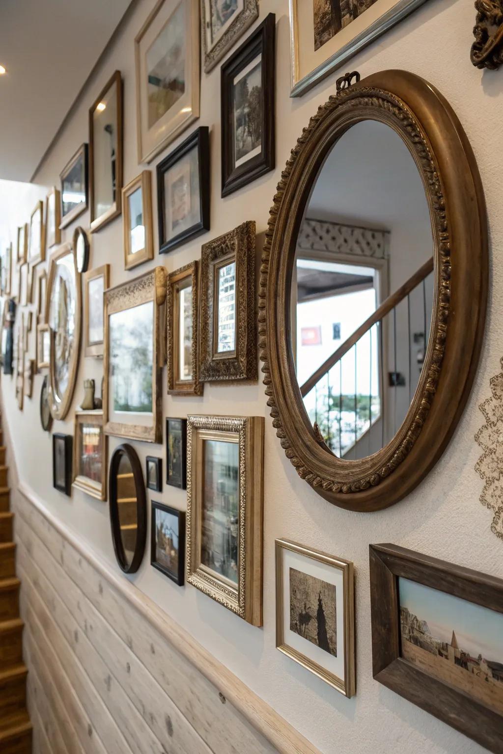 Picture wall incorporating mirrors for added dimension.