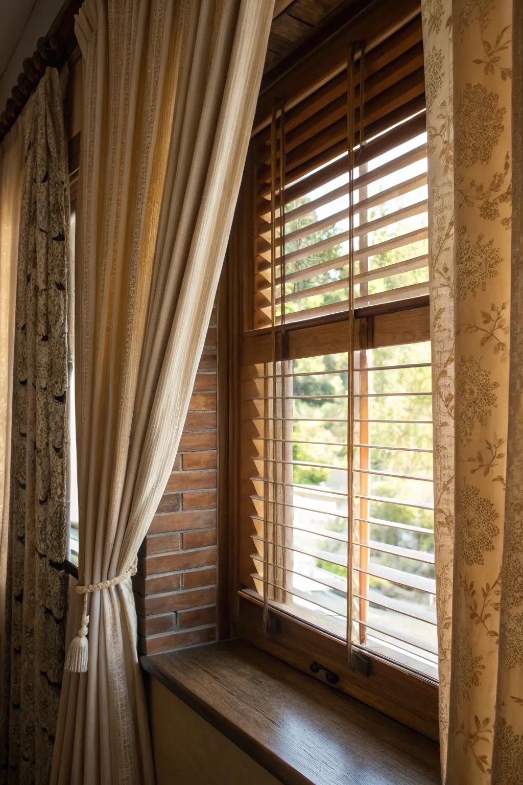 The layered textures of wood blinds and textile curtains that enhance a bay window.
