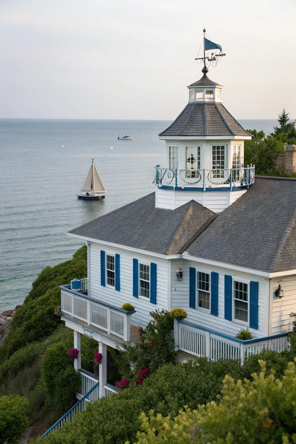 A coastal retreat adorned with a nautical-themed cupola.