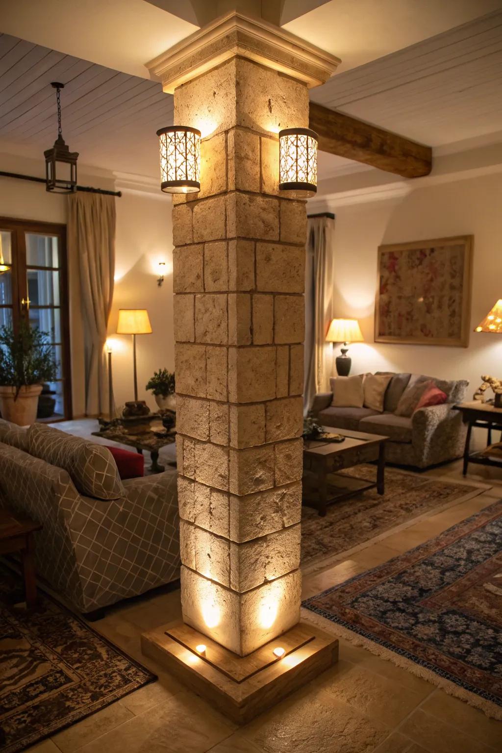 Integrated lighting transforms columns into illuminated architectural highlights.