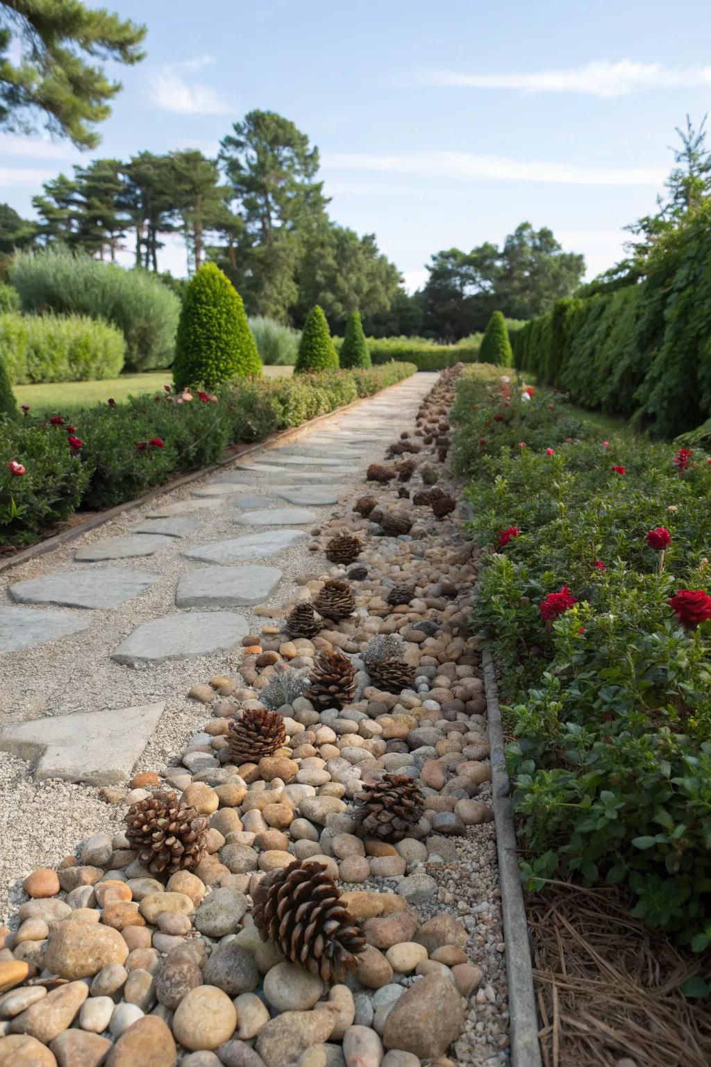 Pinecones paired with stones create an engaging landscape.