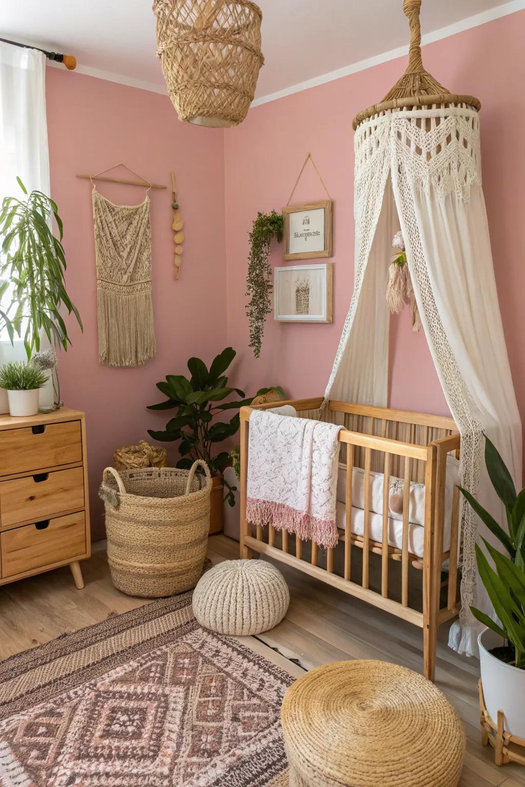A bohemian-style nursery with a pink accent wall that exudes natural beauty and style.