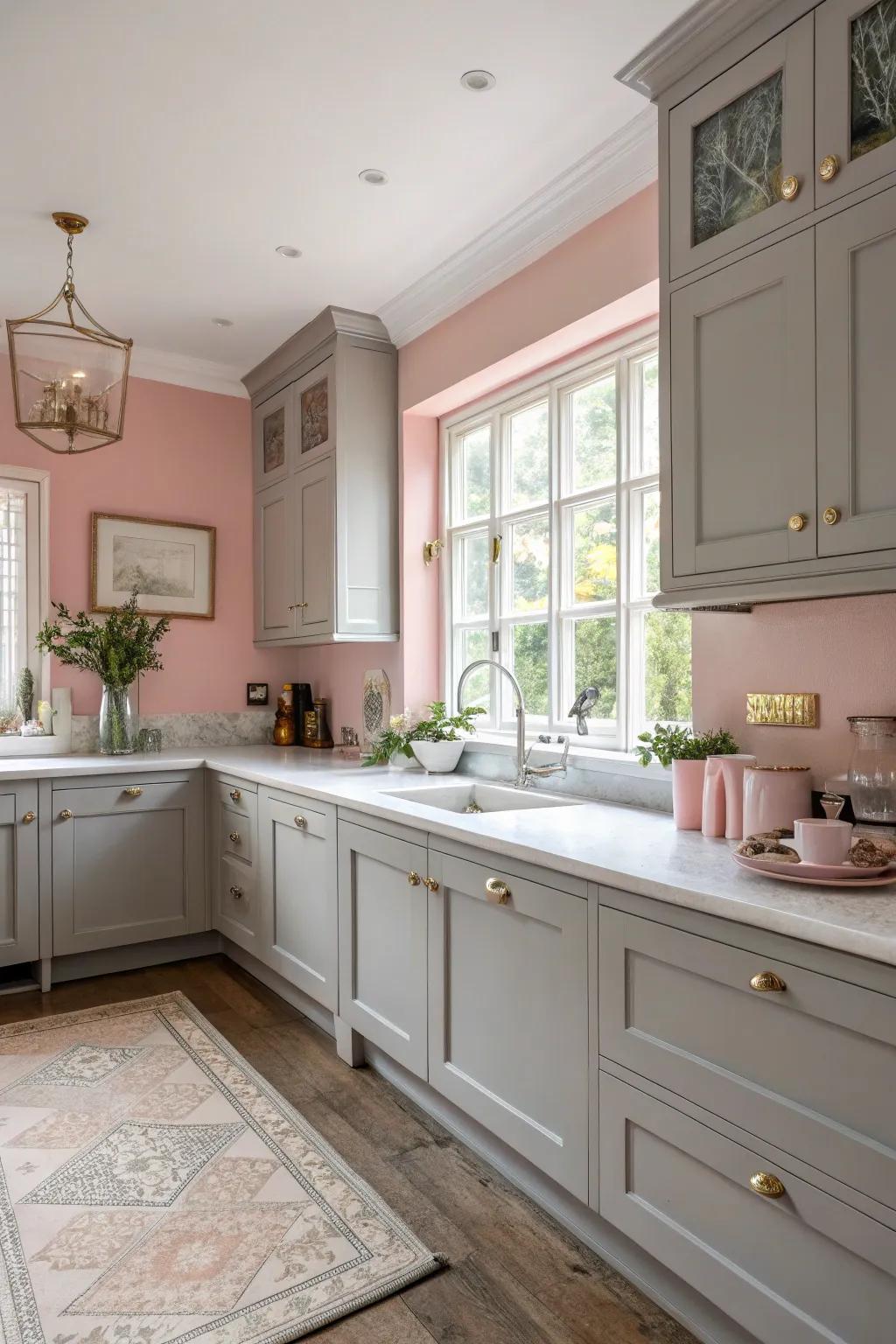 Light rose walls beautifully complement stylish grey cabinets.