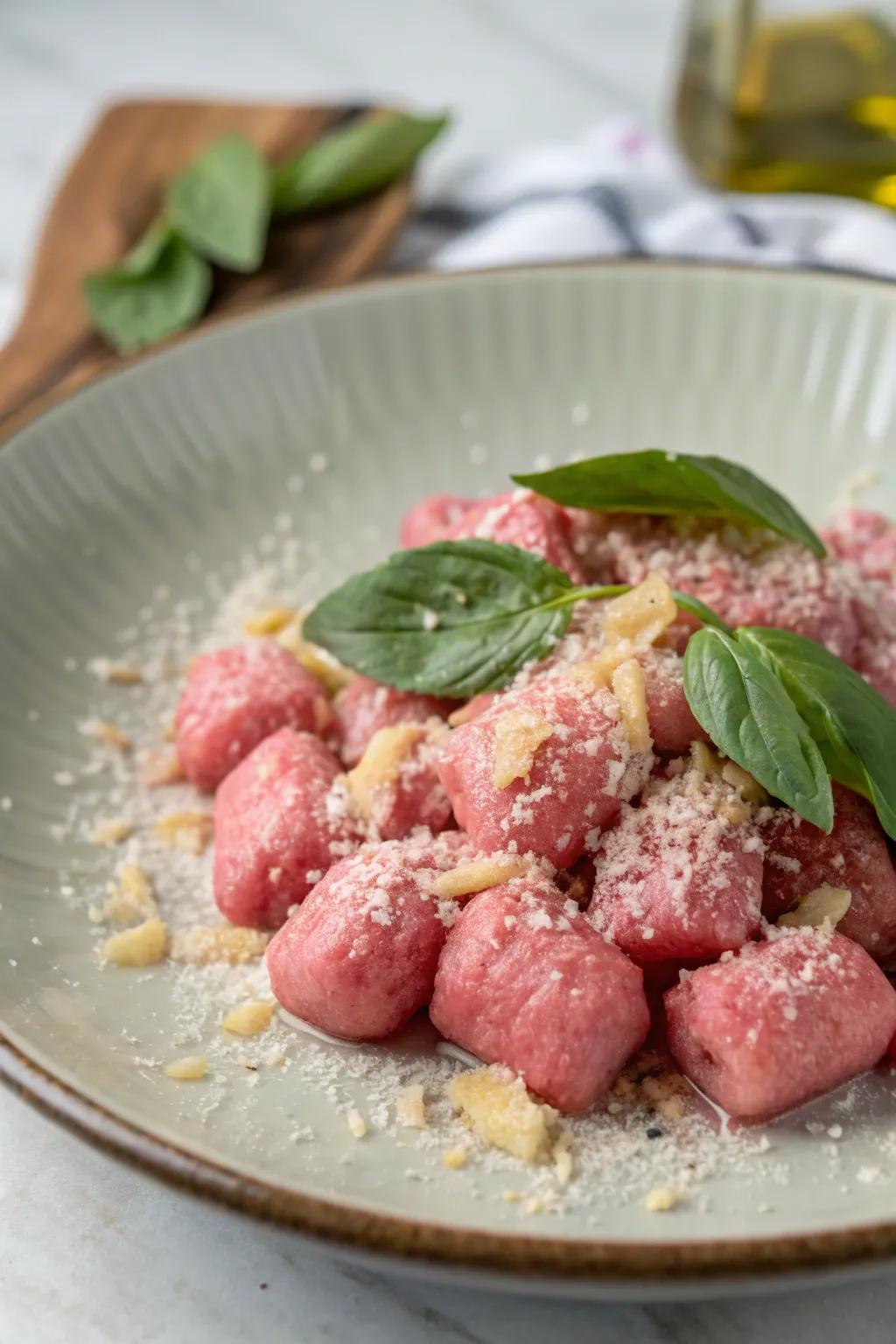 Rosy potato dumplings are both polished and playful for a dinner event.