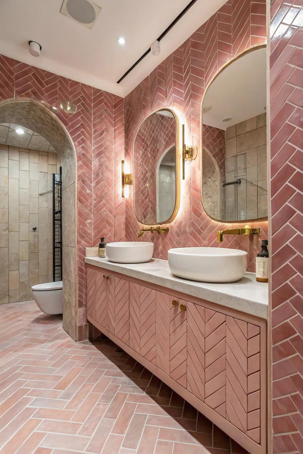 An artistic herringbone pattern featuring rose-tinted tiling in the bathroom.