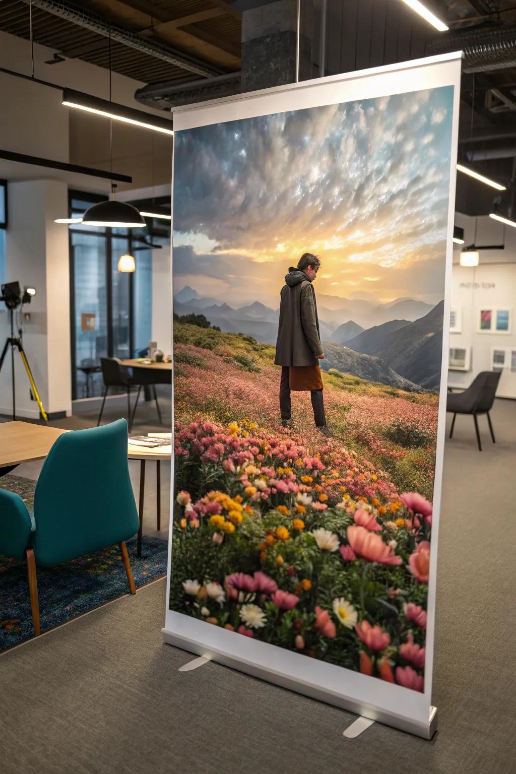 An uncommon print portraying a figure surrounded by blossoms inside a creative workspace.