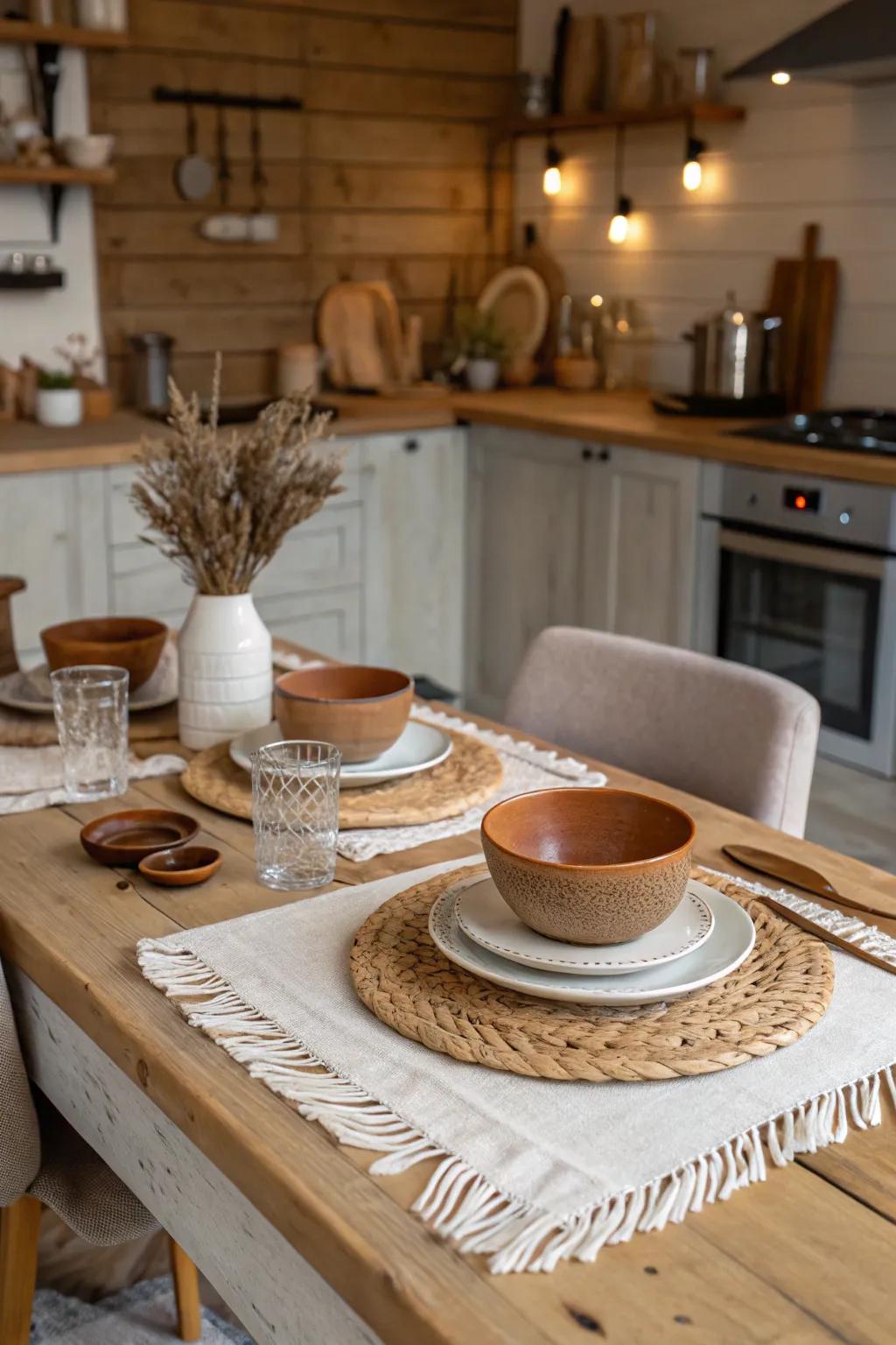 Neutral and rustic aesthetics provide warmth and coziness to your dining table.