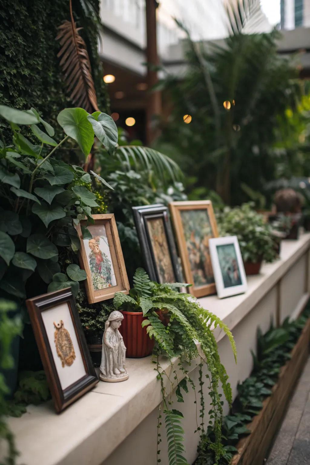Art and sculptures bring a personal dimension to this plant ledge.