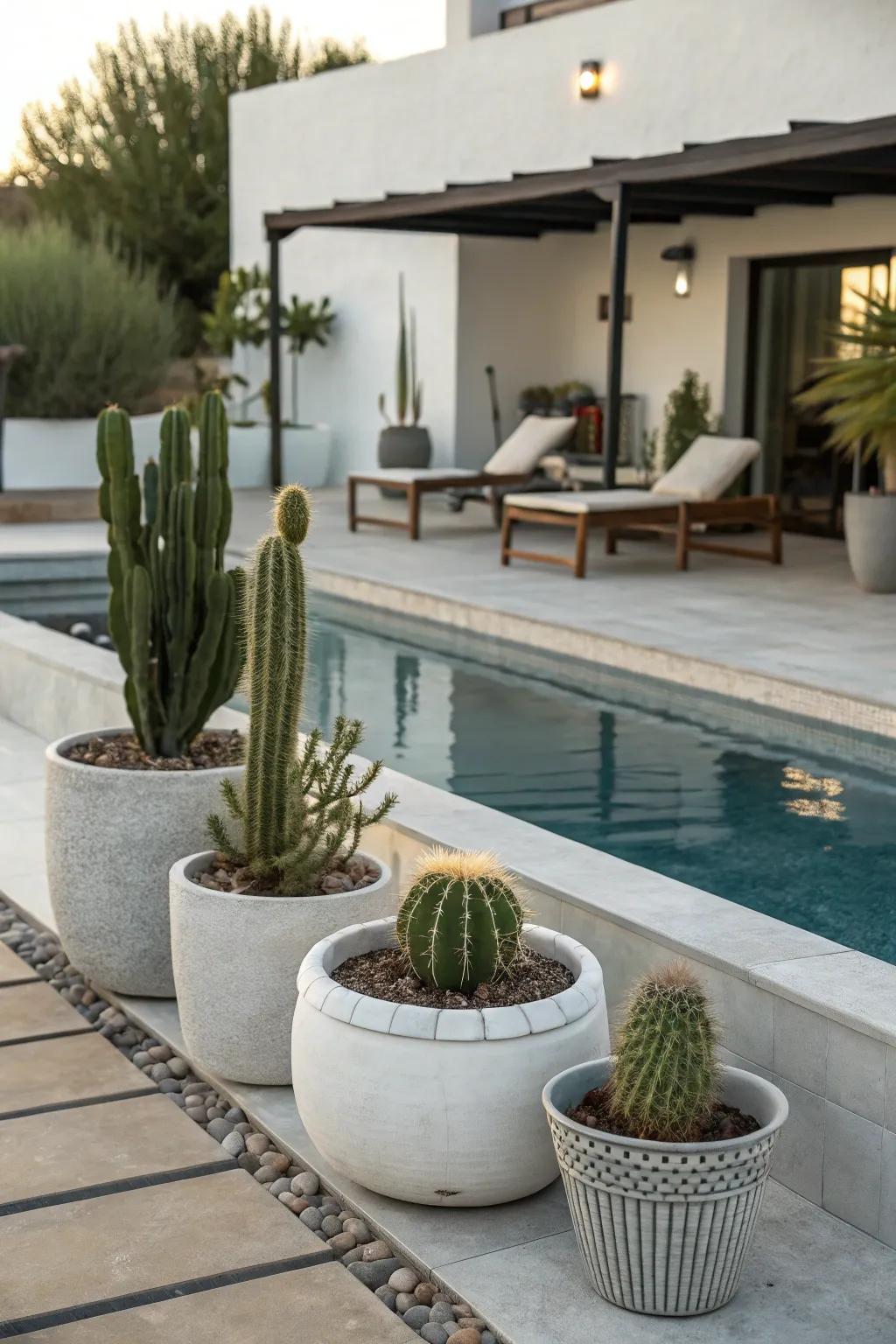 Cacti bring a unique, modern charm to poolside decor.