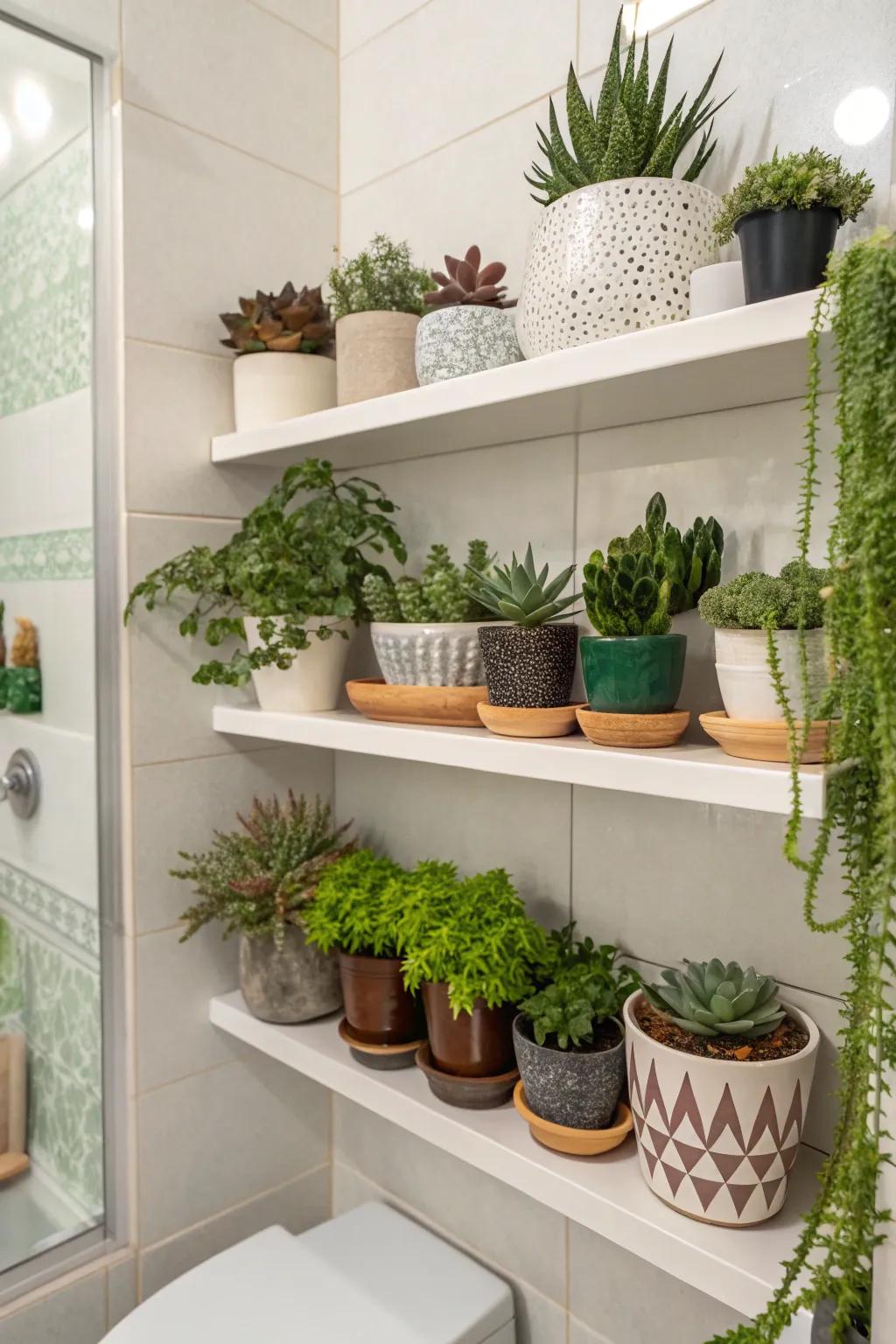 A plant display can bring structure and greenery to your bathroom.