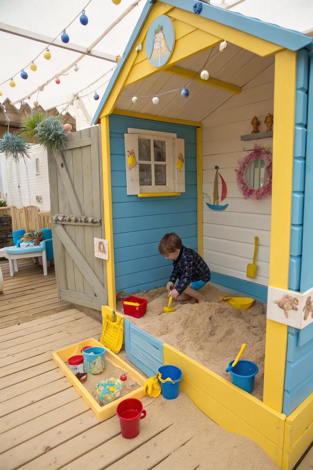 A beach sand ground introduces a playful, coastal sensation to any playhouse.