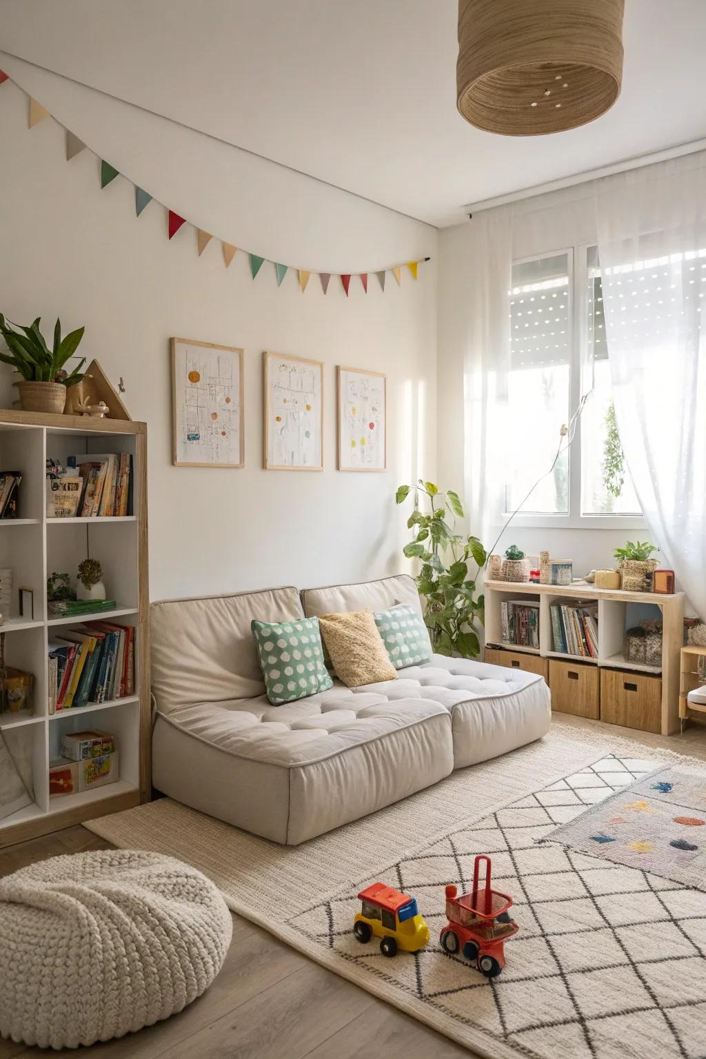A modern playroom equipped with a subtle modular settee.