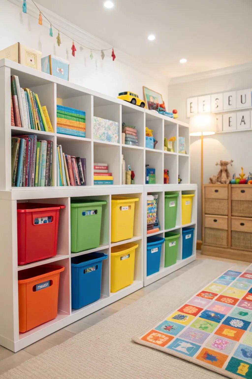 A playroom featuring color-coordinated containers and shelves, promoting a harmonious appearance.