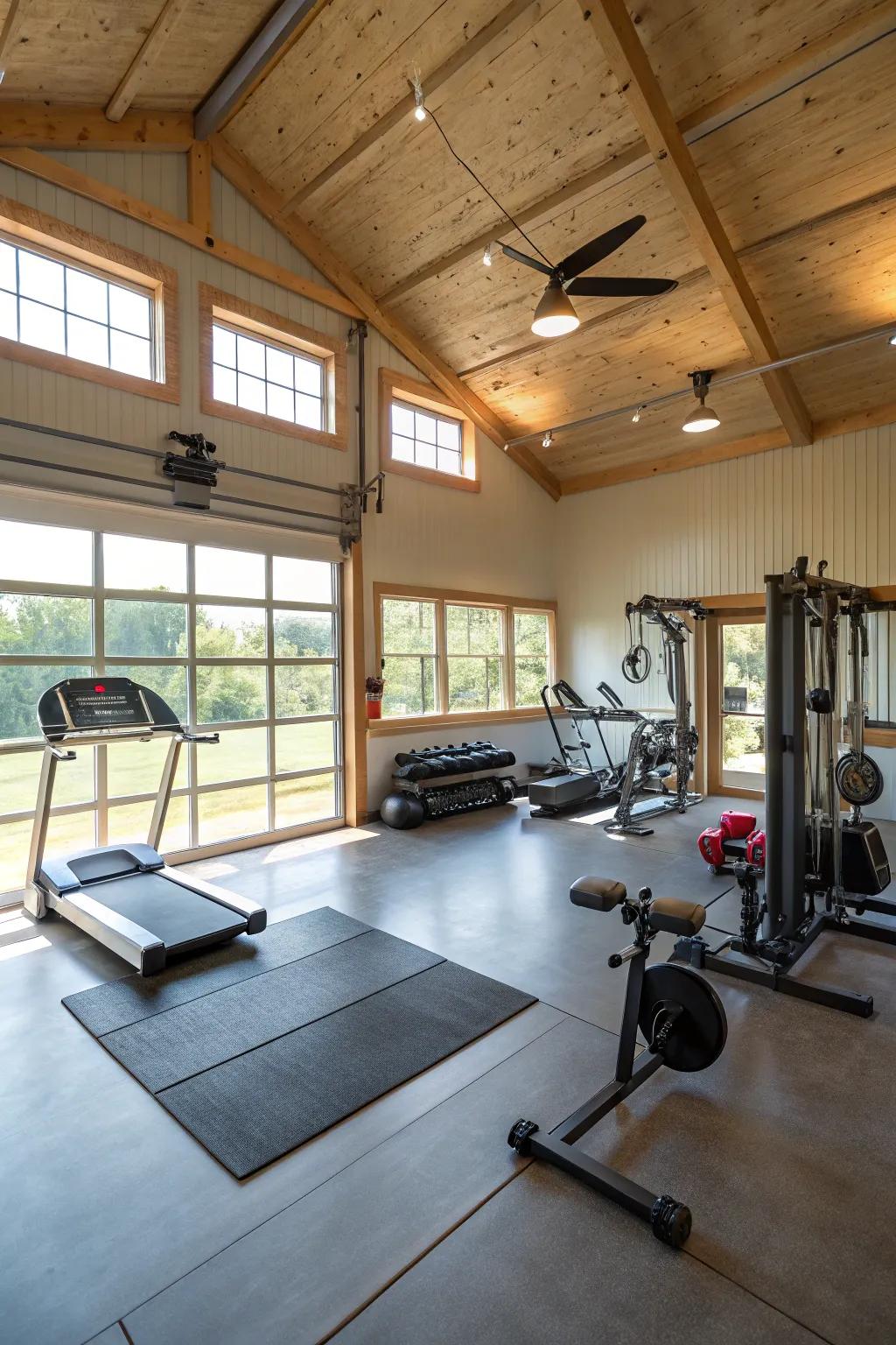 A personal fitness area in a pole barn with workout equipment and natural illumination.