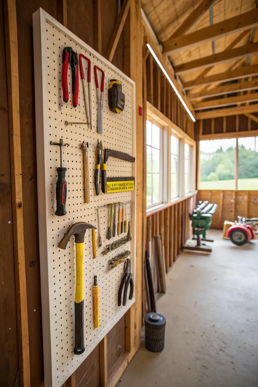 A pegboard organizes tools while keeping them in clear view.