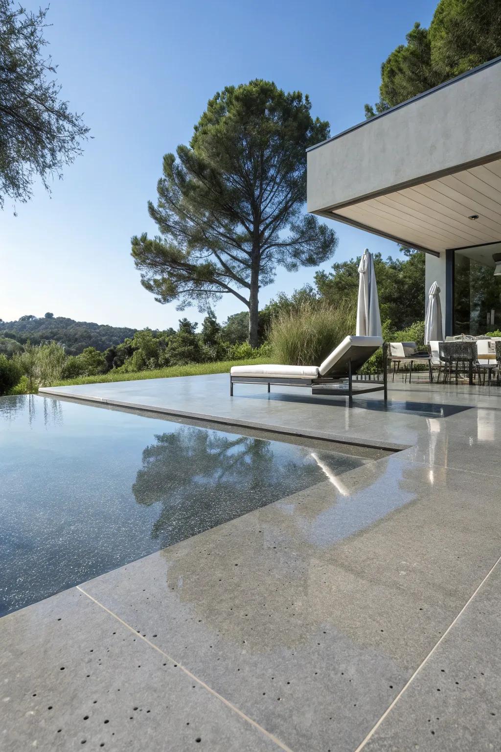 Smoothed concrete delivers a chic and modern aesthetic to the poolside.
