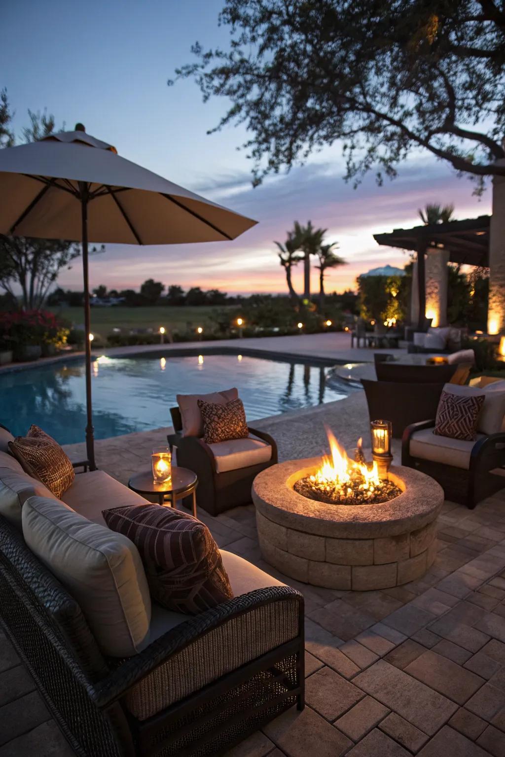 Fire pits add warmth and attraction to poolside zones.