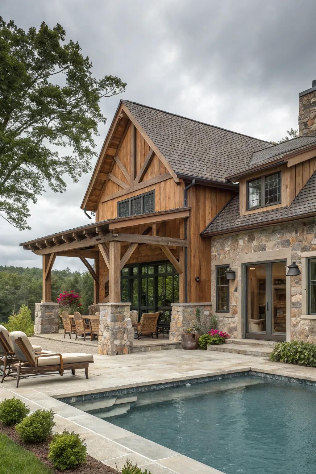 Embrace organic allure with timber and rock accents in your pool house