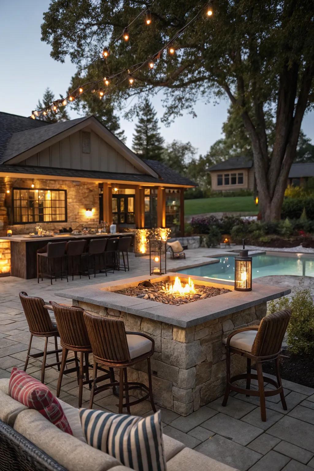 A fire feature bar bestows warmth and ambiance by the poolside.