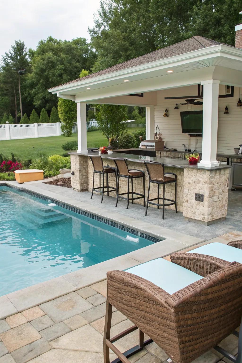 A chic swim-up bar incorporated into a backyard pool design.