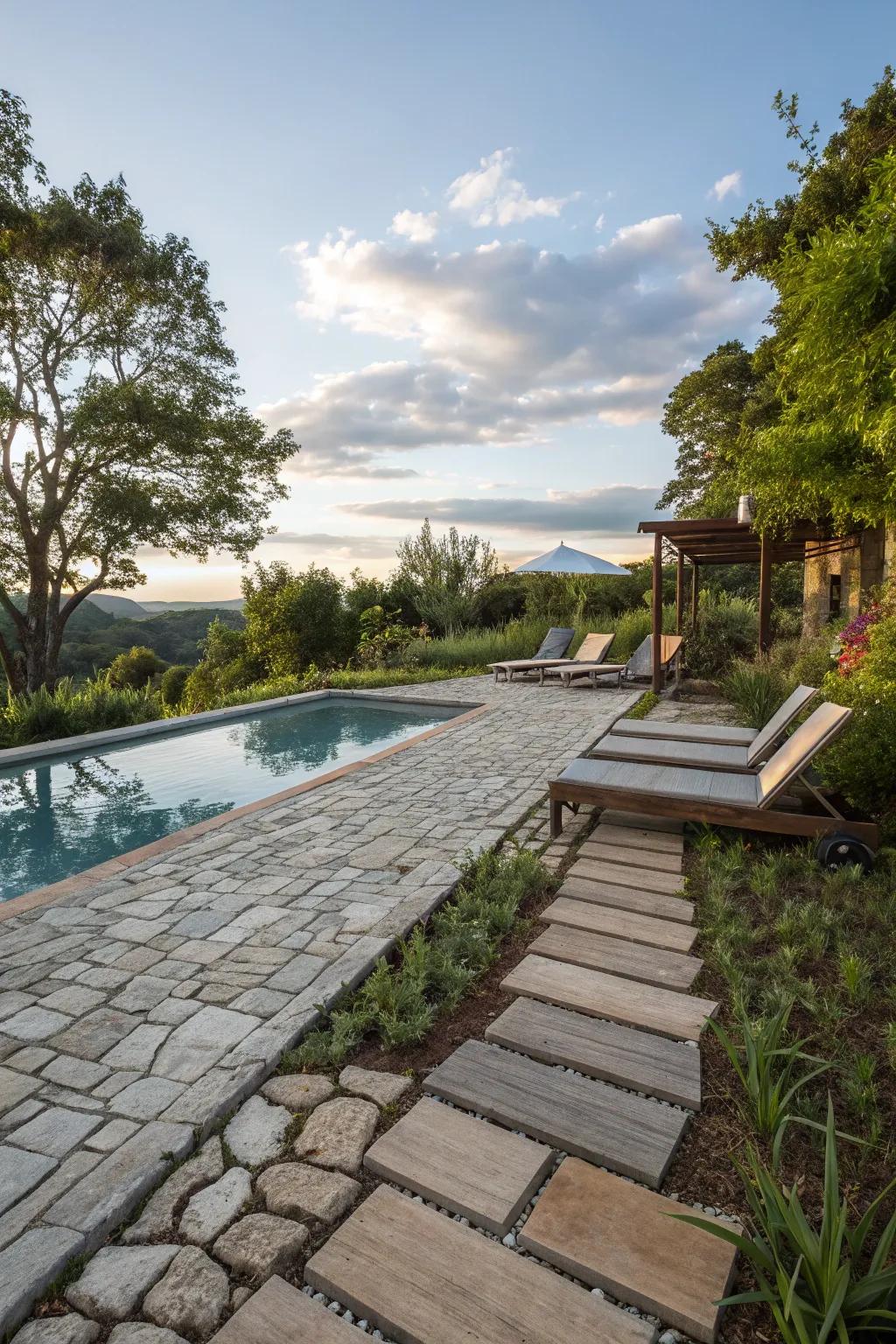 Mixed materials create a unique and custom poolside aesthetic.