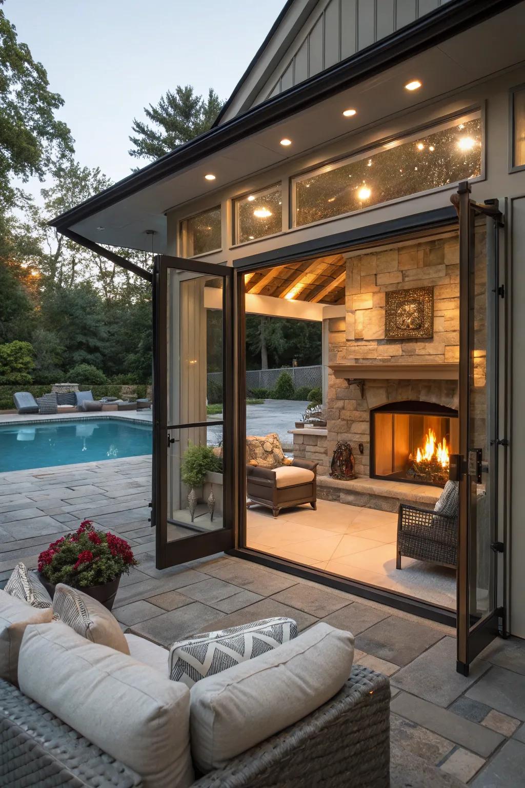 A fireplace feature in your pavilion adds warmth and ambiance during cool evenings.