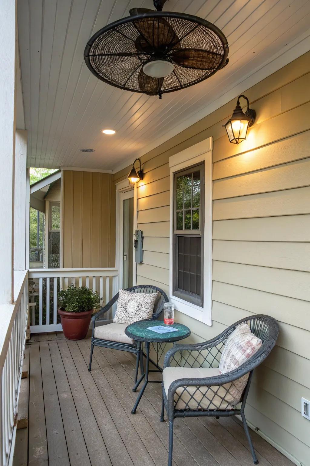 A wall-mounted fan provides a space-saving cooling solution for this porch.