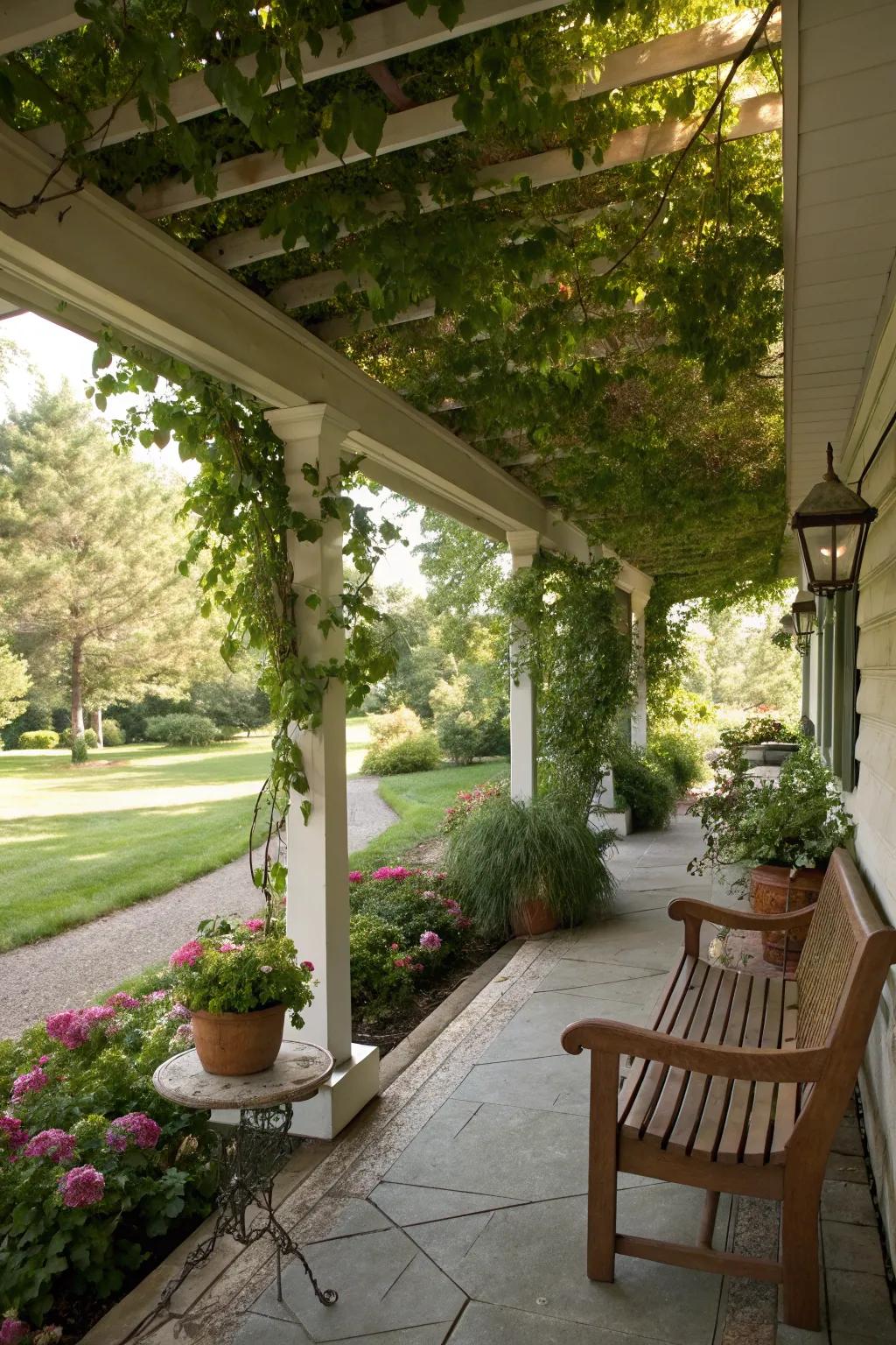 A captivating pergola featuring natural foliage.