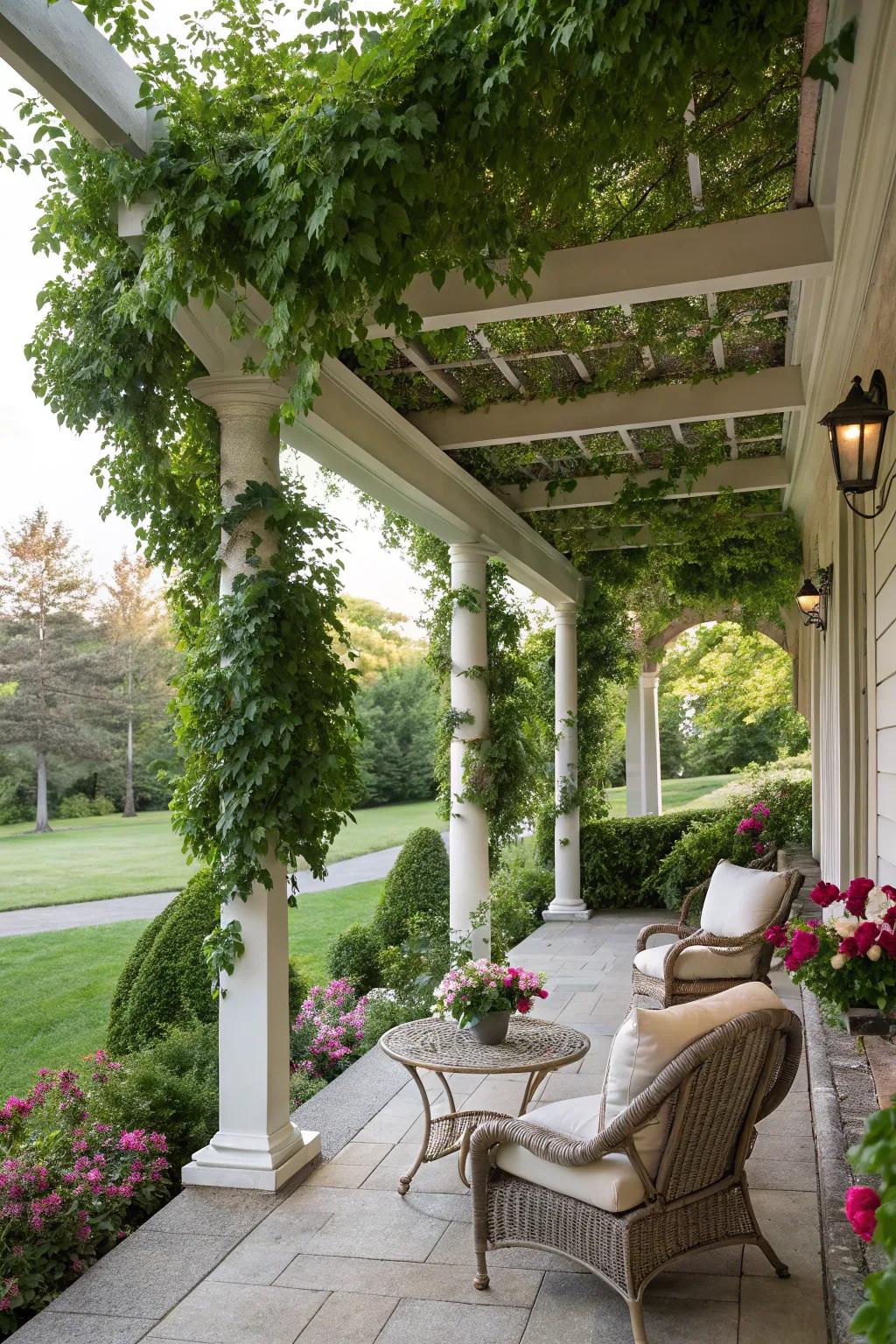 A pergola-style porch roof is airy and graceful.
