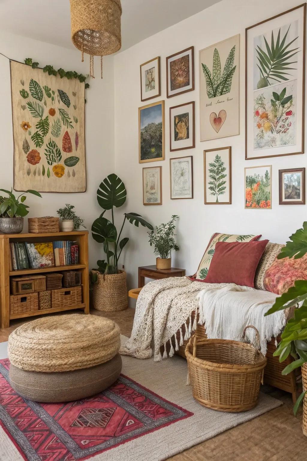 A bohemian-style room decorated with posters that feature nature themes.