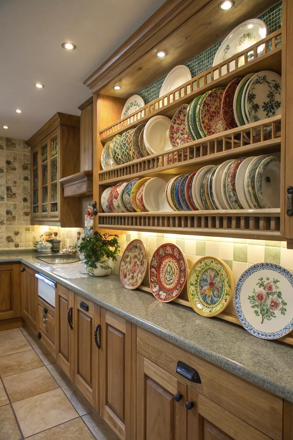 Kitchen wall featuring pottery plates showcased on wall-adhered racks.