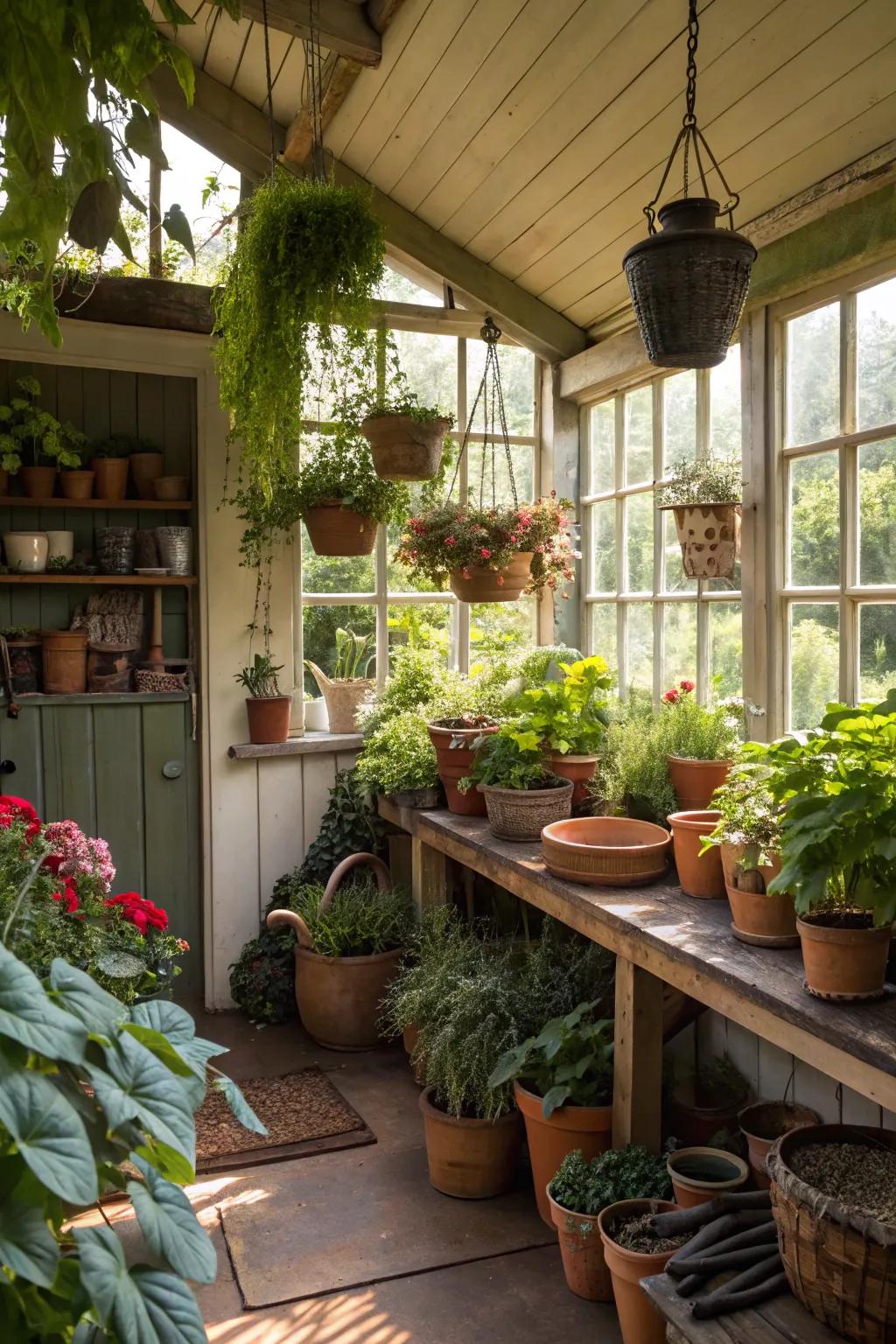 A potting shed richly adorned with indoor greenery.