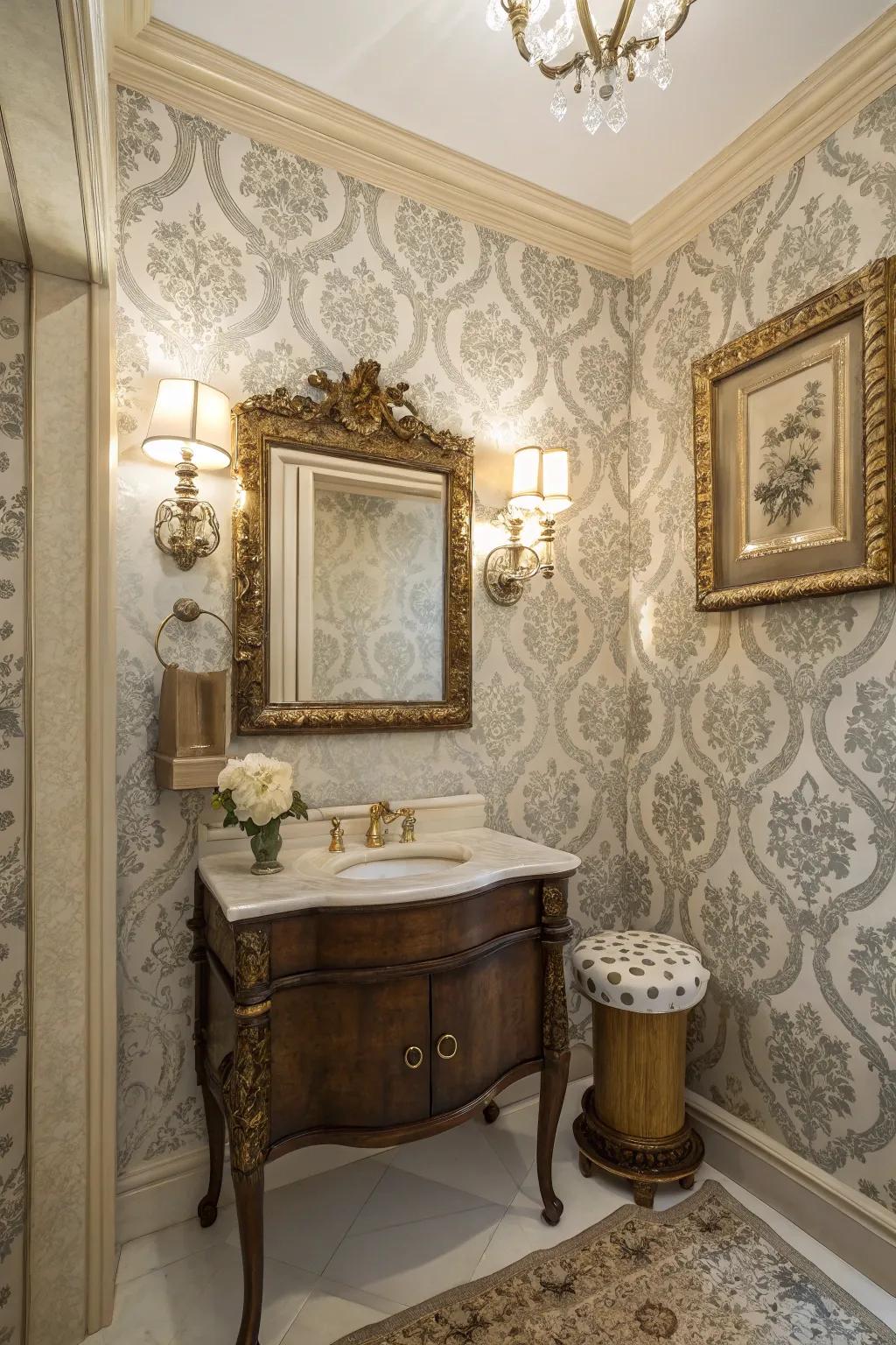 Damask patterns bring retro charm and elegance to your guest bathroom.