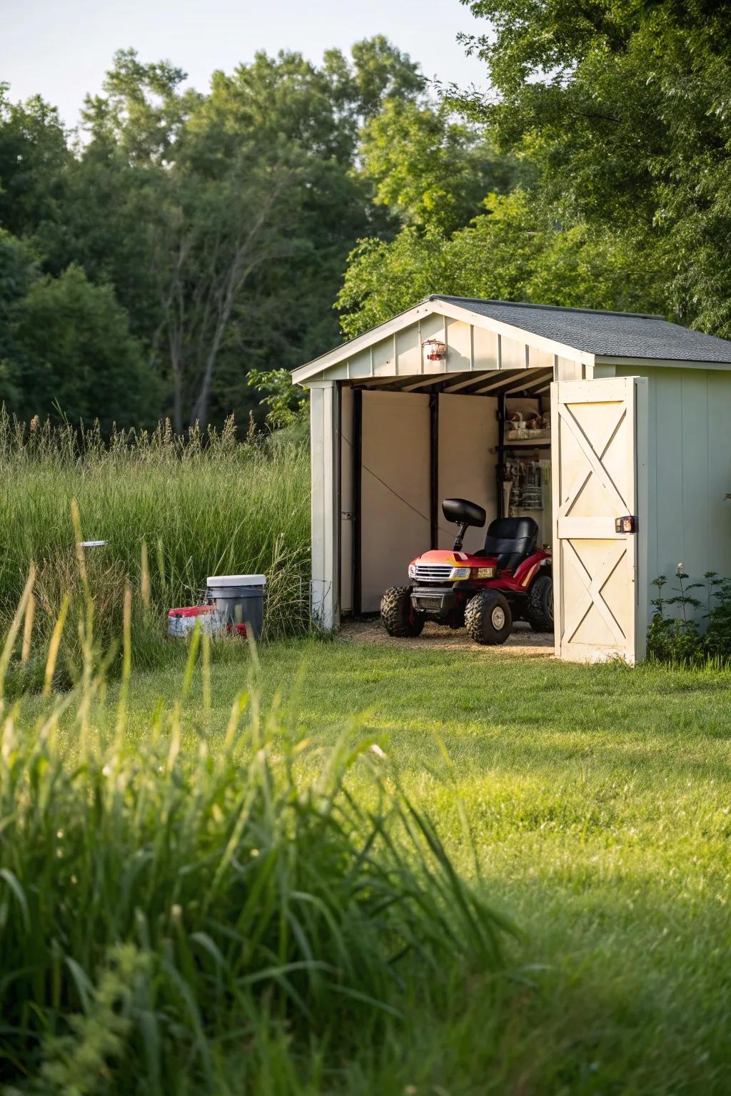 Outdoor storage shed offering protection for motorized toy vehicles.