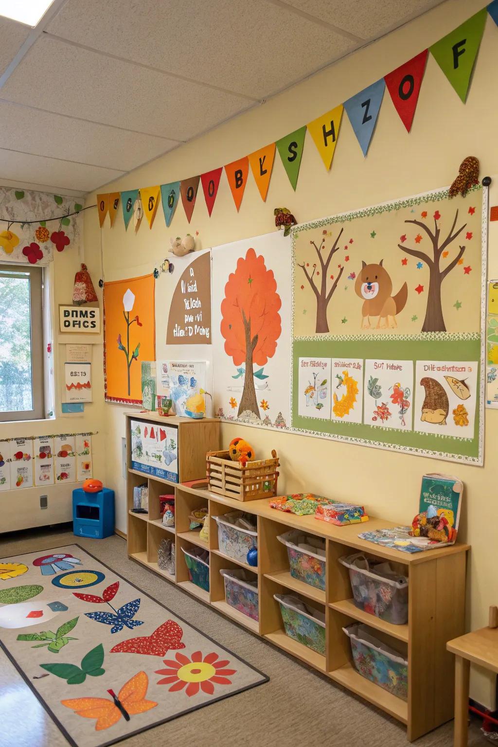 Themed classroom decor featuring seasons and animals for a unified aesthetic.