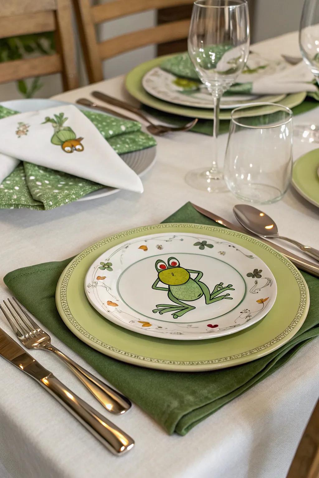 Frog-themed dinnerware adds a cheerful vibe to the occasion.