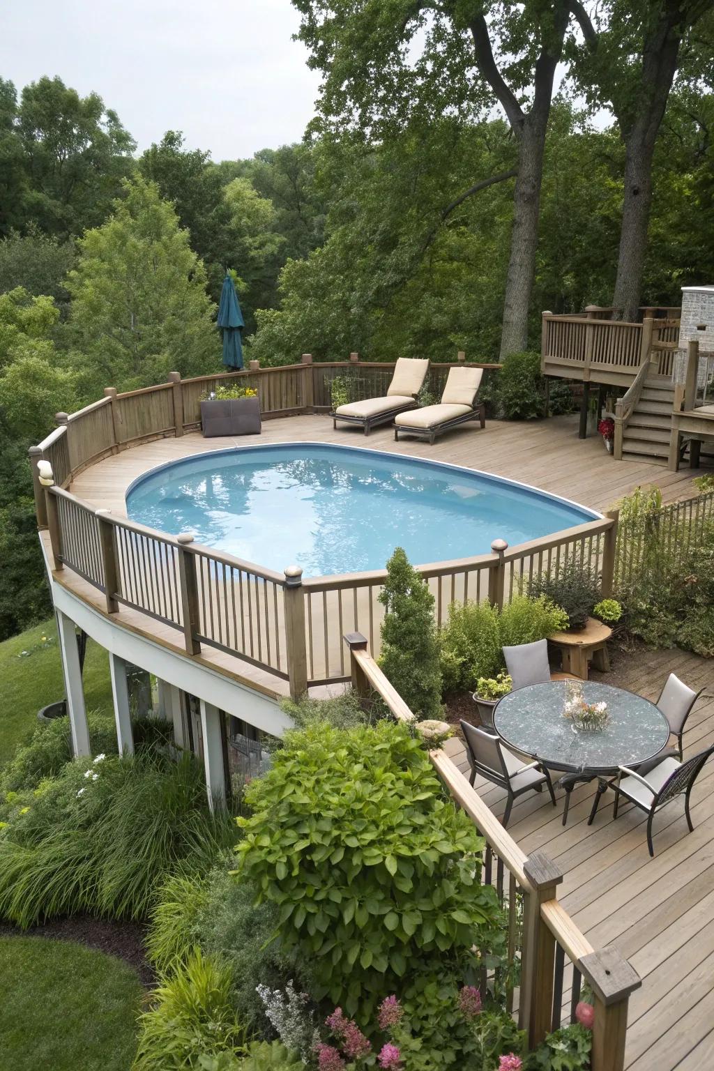 A raised platform enhances both privacy and convenience for your pool.