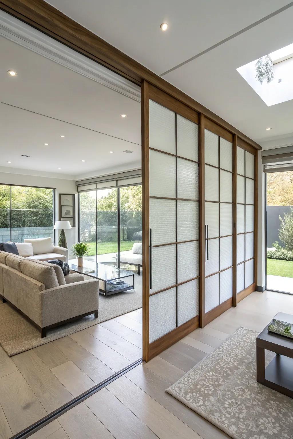 Movable panels provide adjustable privacy with a streamlined design.
