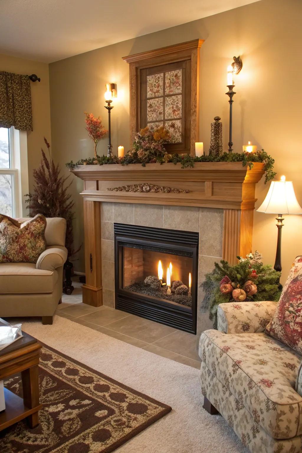 A comfortable living space with a propane fireplace and delightful decorative piece embellishments.