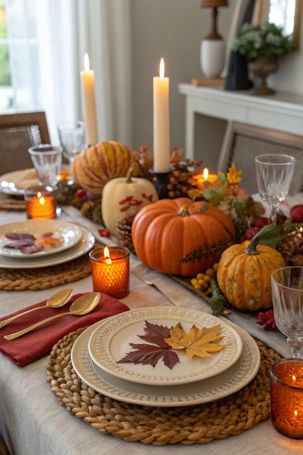 A celebratory tablescape featuring pumpkin-themed details.