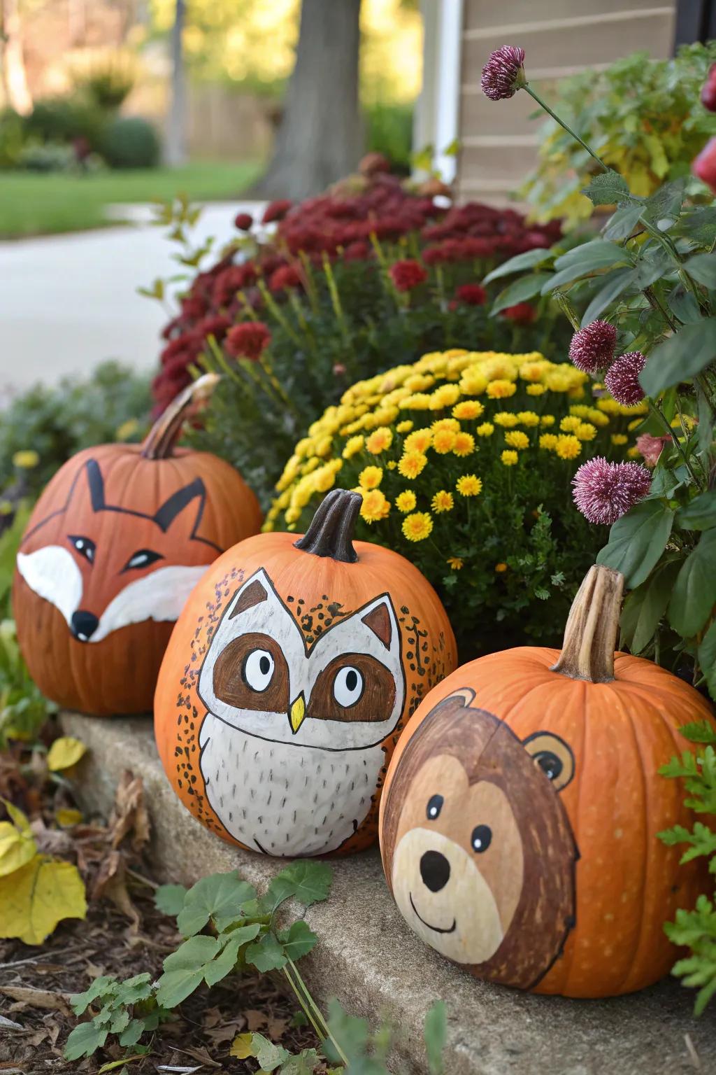 Animal face pumpkins are ideally suited to impart a whimsical element.