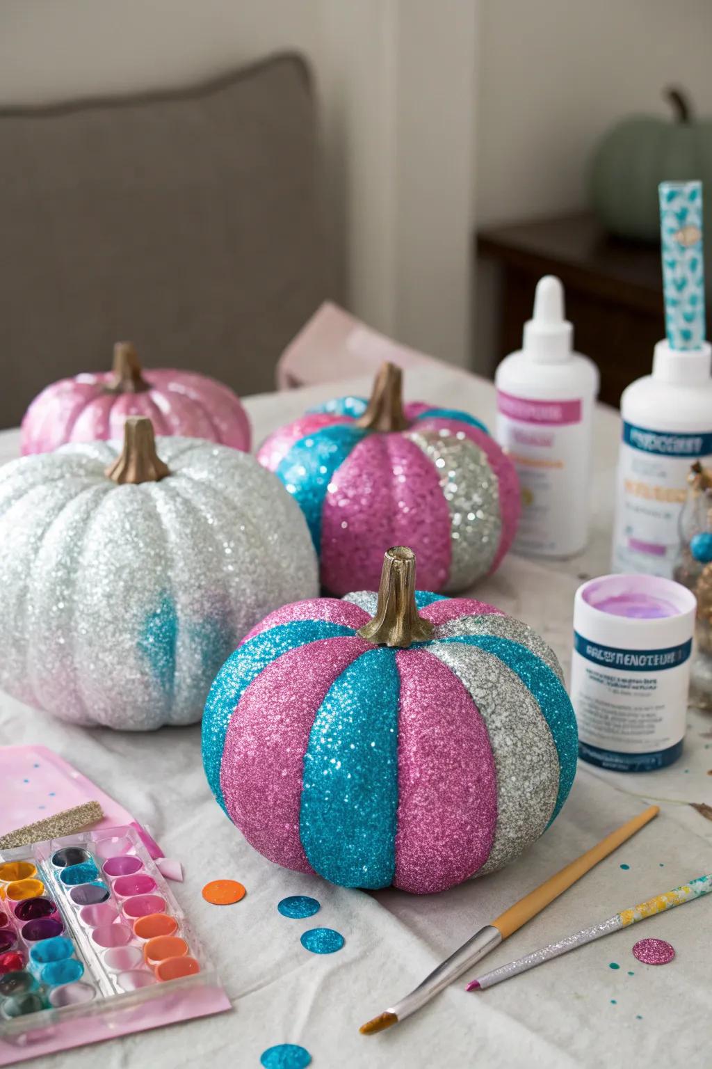 Gleaming pumpkins encrusted with glitter, shimmering in the light.