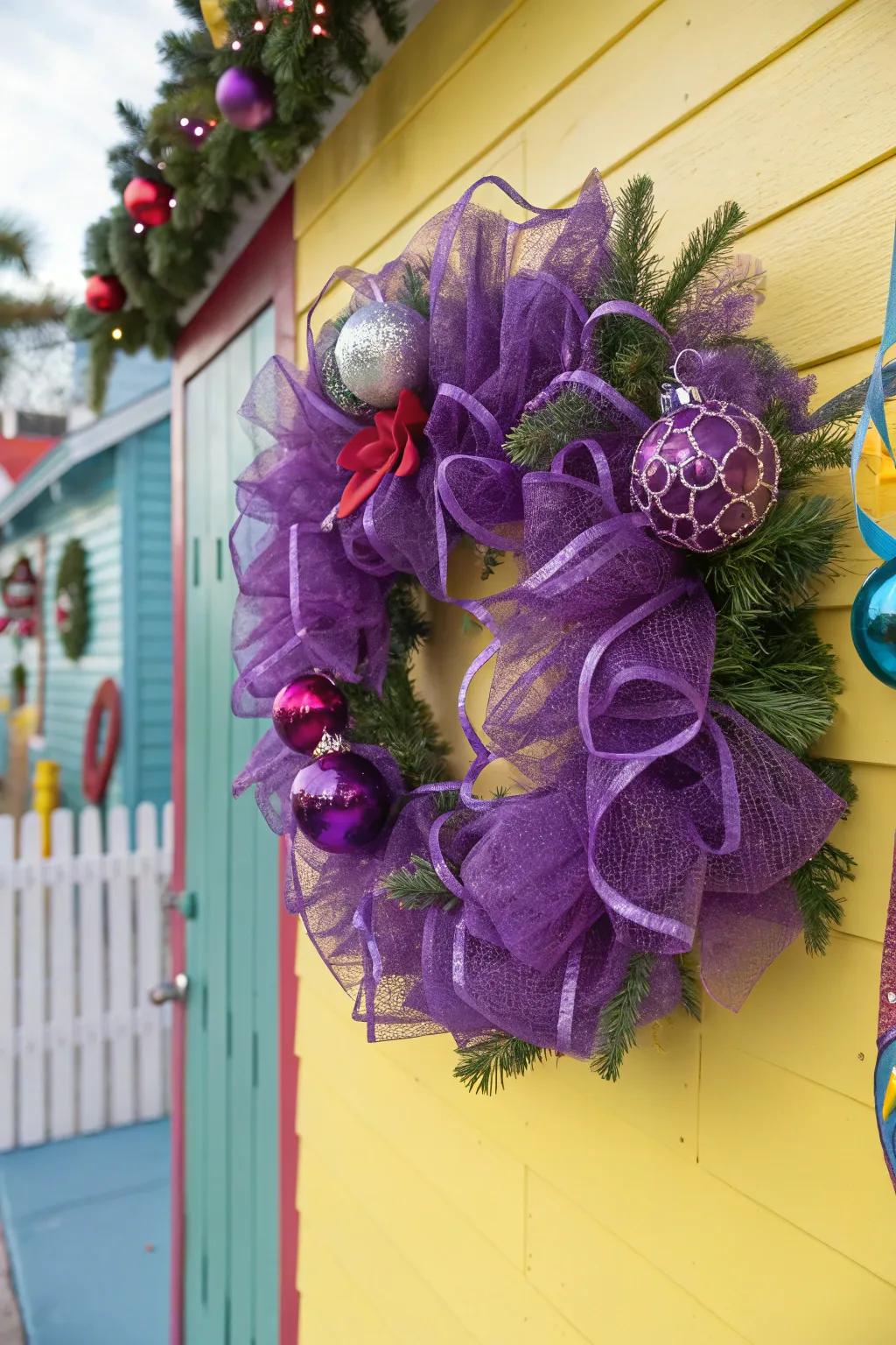 Purple netting adds whimsy and texture to holiday decor.