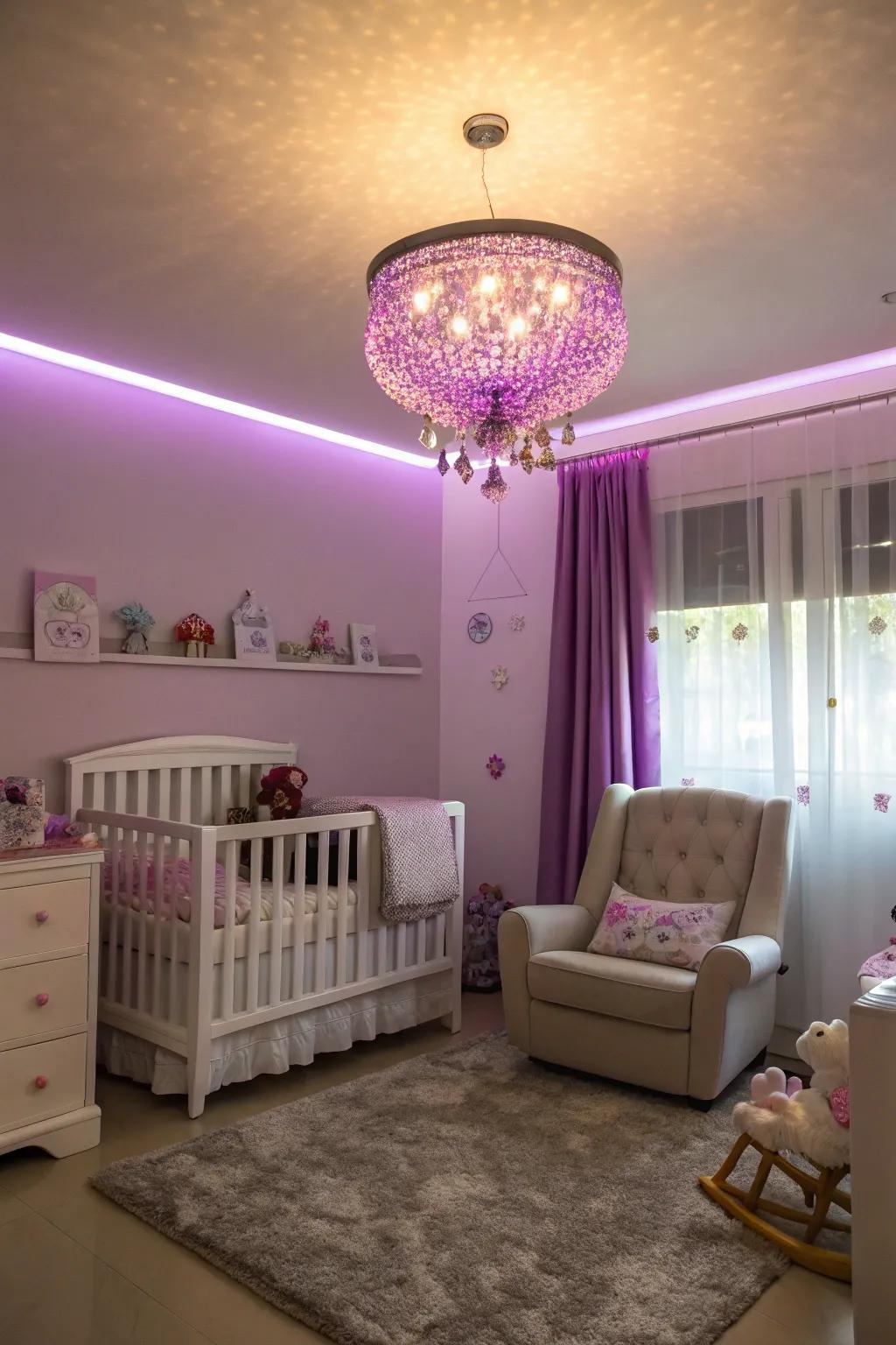 Violet light fittings inject sophistication into the nursery.